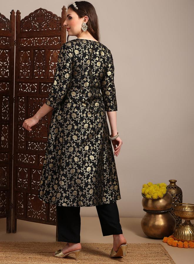 globus Women Black Gold Foil Floral Print Kurta with Pants Set - Image 2